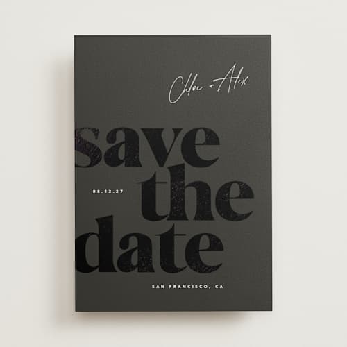 This is a evening foil stamped save the date cards with foil pressed by Eric Clegg called retro printing on signature in standard