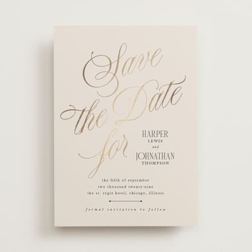 This is a linen foil stamped save the date cards with foil pressed by Kate Ahn called mirin printing on signature in standard