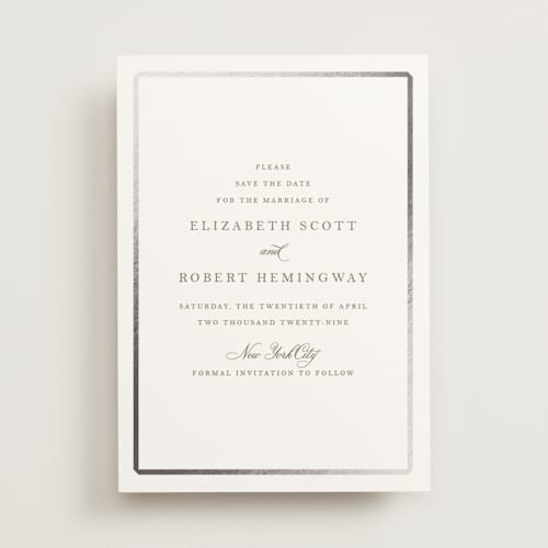 This is a moss foil stamped save the date cards with foil pressed by Megan Davis called bevel printing on signature in standard