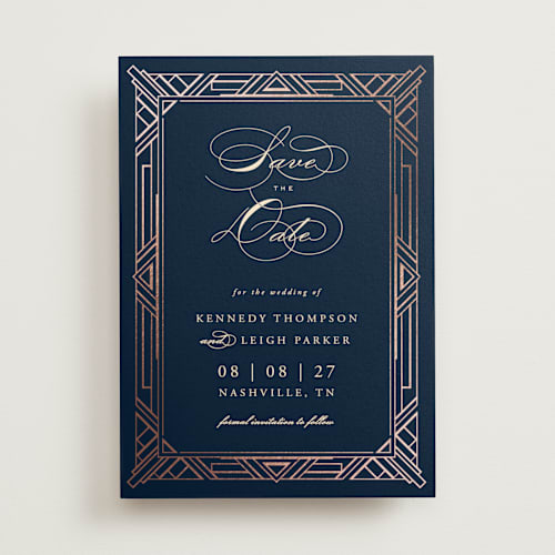 This is a midnight foil stamped save the date cards with foil pressed by Hooray Creative called opulent border printing on signature in standard
