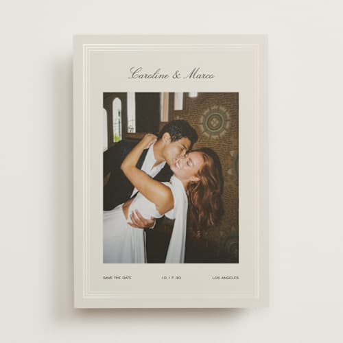 This is a shell save the date with foil pressed by Kelly Watkins called glossy frame printing on signature in standard