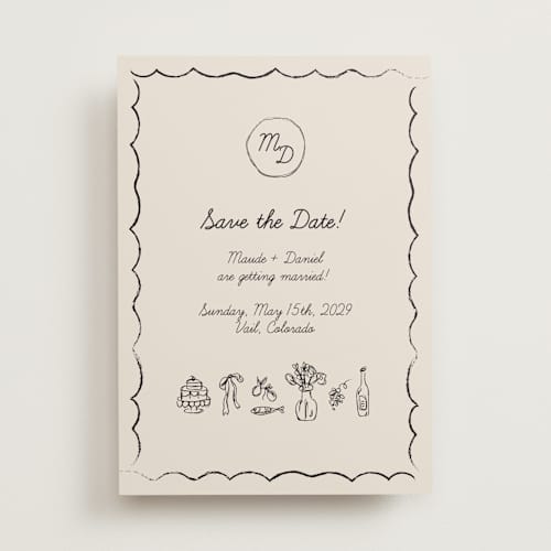 This is a ivory save the date with standard by Aviva Atri called sketchbook love printing on signature in standard