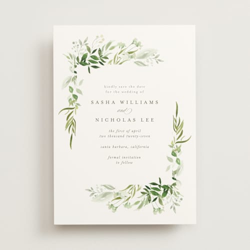 This is a garden save the date with standard by Leah Bisch called verdure printing on signature in standard