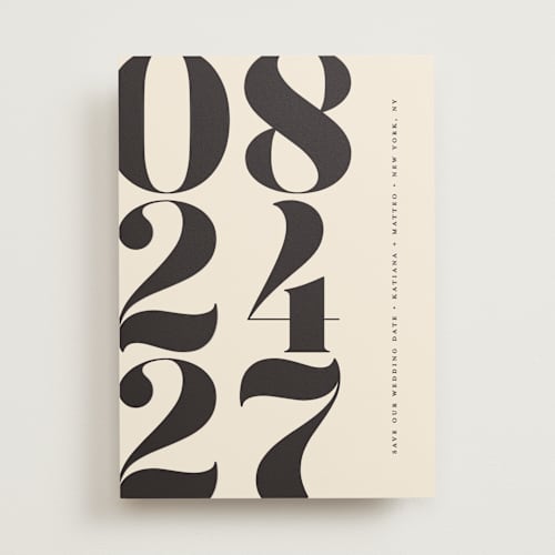 This is a ecru save the date with standard by Erica Krystek called mod stack printing on signature in standard