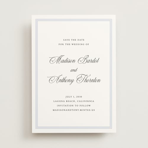 This is a bluebell save the date with standard by Vanessa Doyle called triple border printing on signature in standard