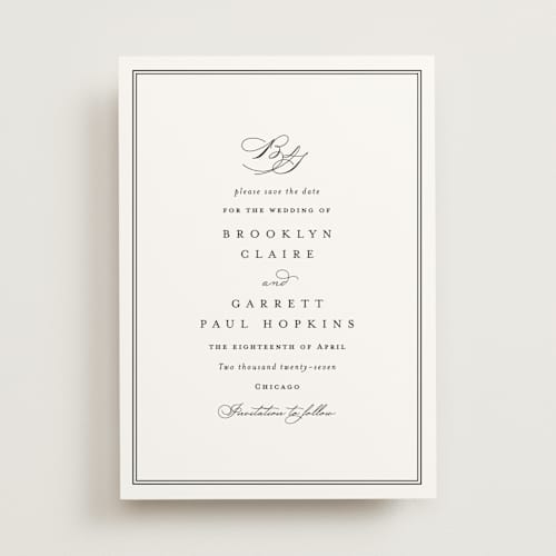 This is a noir save the date with standard by Amy Kross called overlapping printing on signature in standard
