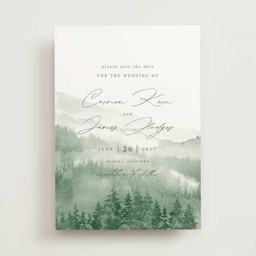 This is a fern save the date with standard by Helen Halik called over the mountains printing on signature in standard