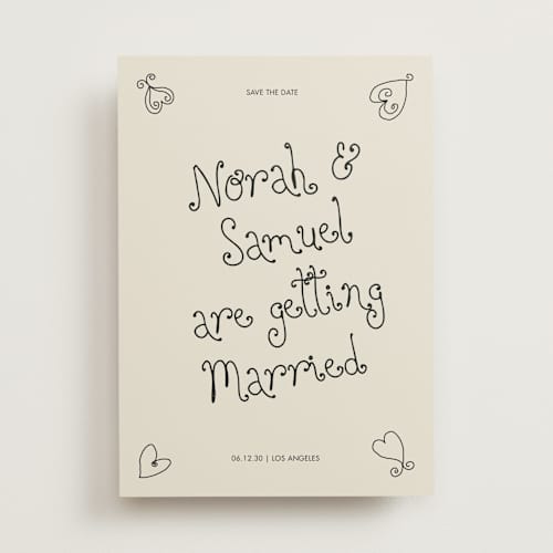 This is a ink save the date with standard by Kelly Watkins called hand-drawn hearts printing on signature in standard