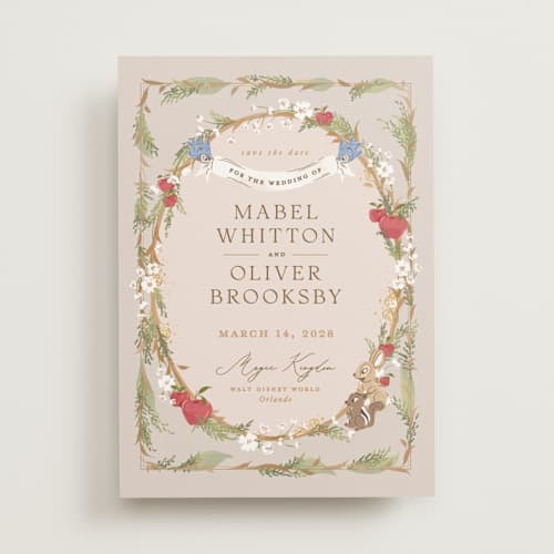 This is a forest floor save the date with standard by Erin L. Wilson called disney’s snow white someday printing on signature in standard