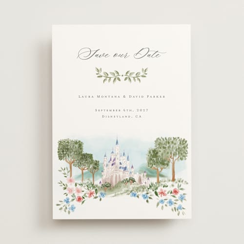 This is a spring save the date with standard by Petra Kern called disney's once upon in a dream printing on signature in standard