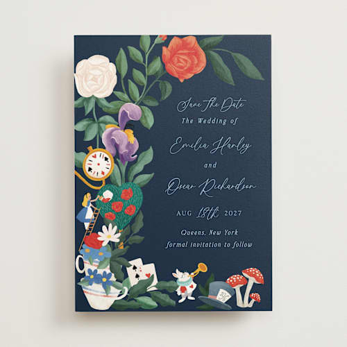 This is a evening save the date with standard by Elly called a garden tea party printing on signature in standard