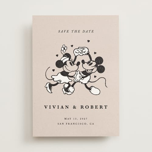 This is a retro save the date with standard by Sumak Studio called disney's retro mickey mouse and minnie mouse printing on signature in standard
