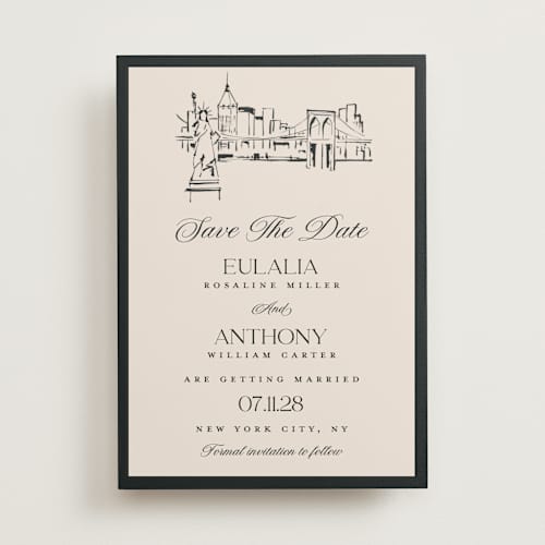 This is a halo save the date with standard by Teju Reval called nyc skyline printing on signature in standard