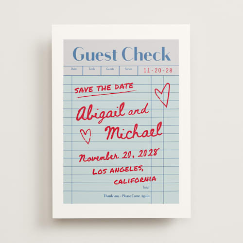 This is a mint save the date with standard by Jennifer Lew called guest check printing on signature in standard