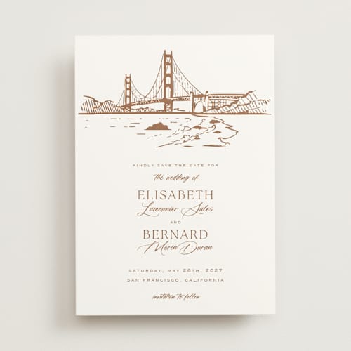 This is a champagne save the date with standard by Sherley Ferreira called san francisco printing on signature in standard