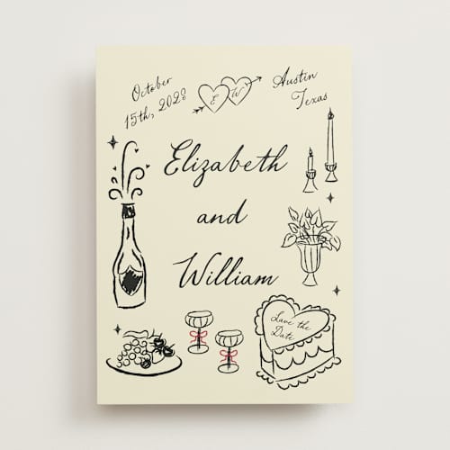 This is a champagne save the date with standard by Helena Vitto called vintage lovers printing on signature in standard