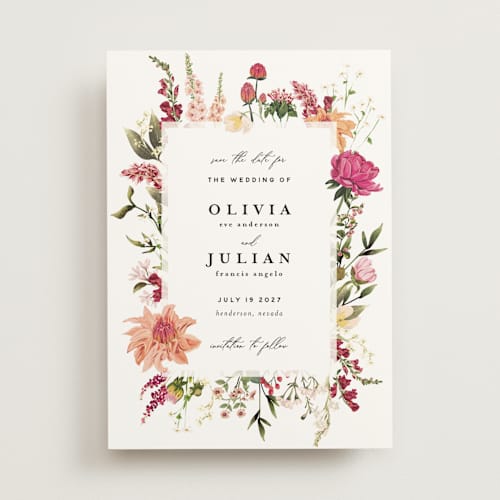 This is a magenta save the date with standard by Susan Moyal called lush printing on signature in standard