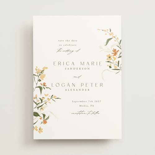 This is a citrine save the date with standard by Everett Paper Goods called fleur printing on signature in standard