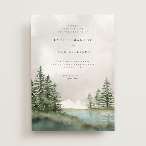 This is a forest save the date with standard by Petra Kern called montagna printing on signature in standard