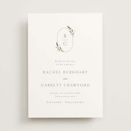 This is a champagne save the date with standard by Jennifer Postorino called soft sprigs printing on signature in standard