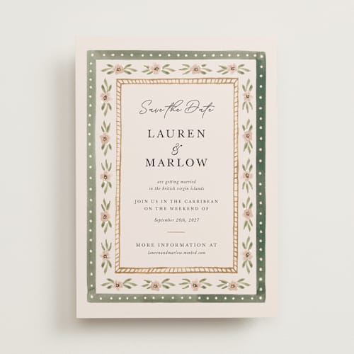 This is a garden save the date with standard by leslie hamer called americana printing on signature in standard