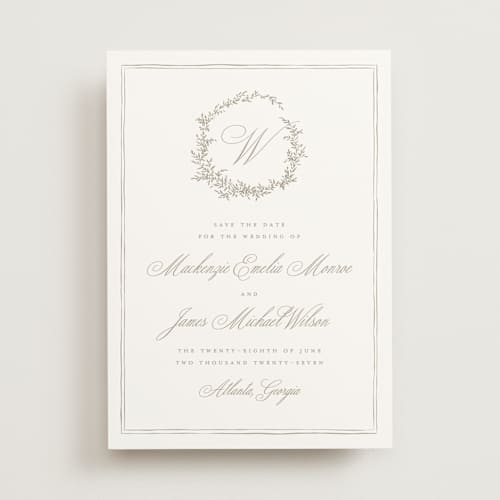 This is a chantilly save the date with standard by Wildfield Paper Co called romantic wreath printing on signature in standard