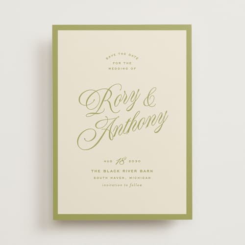 This is a olive save the date with standard by Ellen Schlegelmilch called rory printing on signature in standard