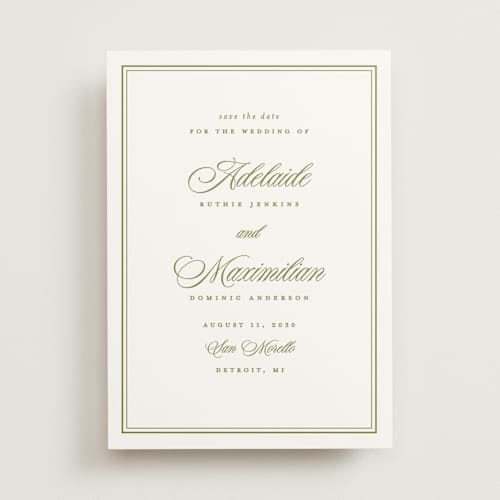 This is a olive save the date with standard by Ellen Schlegelmilch called museo printing on signature in standard