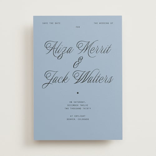This is a sky save the date with standard by Blustery August called cheers printing on signature in standard
