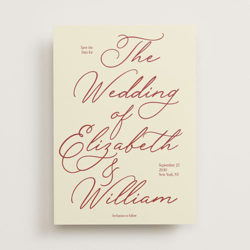 This is a burgundy save the date with standard by Helena Vitto called elizabeth printing on signature in standard
