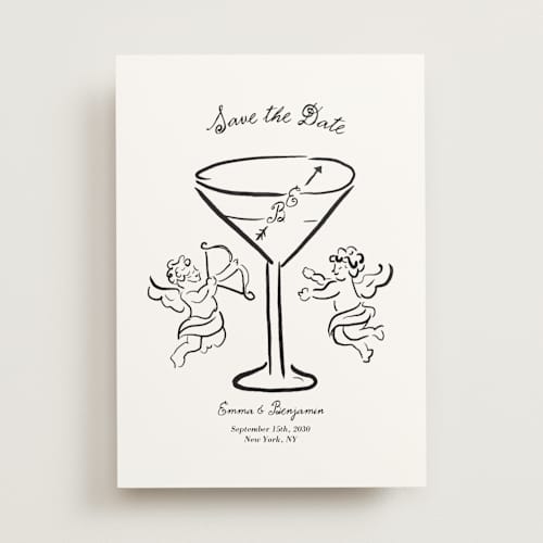 This is a leather save the date with standard by Helena Vitto called happiest hour printing on signature in standard