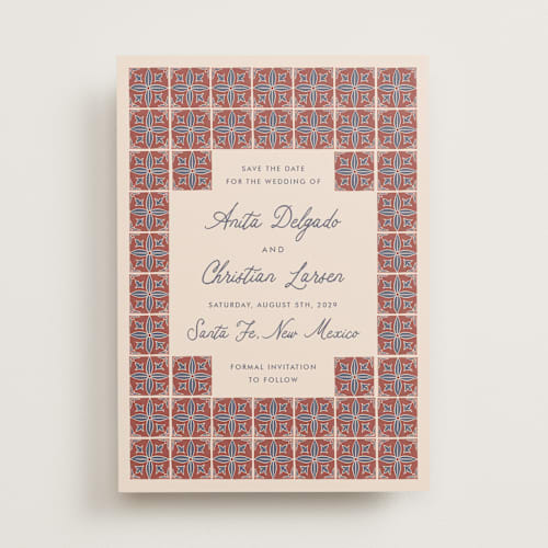 This is a terracotta save the date with standard by Katharine Watson called block print tile printing on signature in standard
