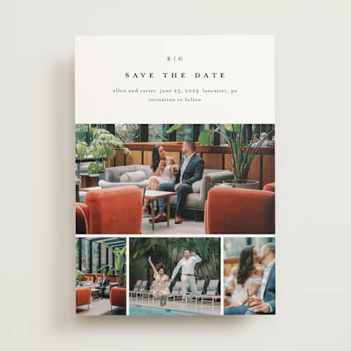 This is a cotton save the date with standard by Stacey Meacham called minimal grid printing on signature in standard