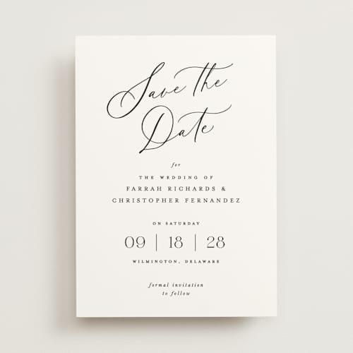 This is a pearl save the date with standard by Hooray Creative called beautifully scripted printing on signature in standard