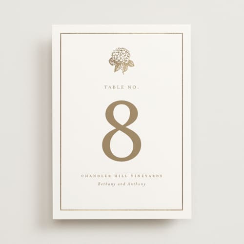 This is a cotton table numbers with foil pressed by Stacey Meacham called hydrangea bloom printing on doublethick in standard