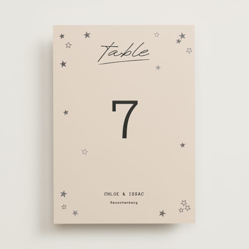 This is a ecru table numbers with foil pressed by Jennifer Lew called supernova printing on doublethick in standard