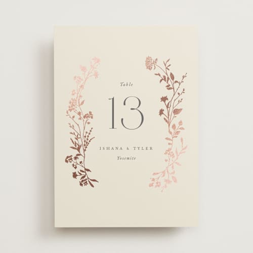 This is a creme brulee table numbers with foil pressed by Jennifer Wick called queen anne's lace printing on doublethick in standard