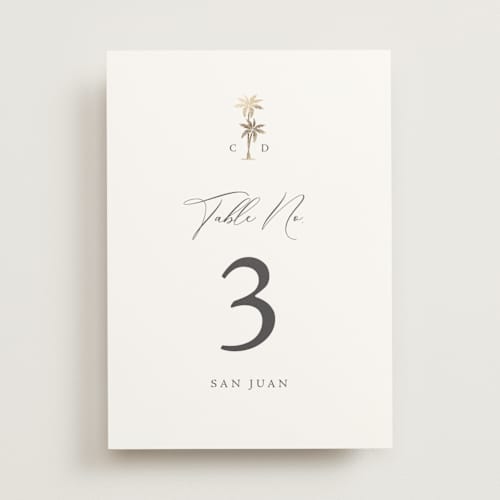 This is a stone table numbers with foil pressed by Olivia Raufman called palm monogram printing on doublethick in standard