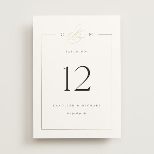 This is a silk table numbers with foil pressed by Kelly Schmidt called framed monogram printing on doublethick in standard