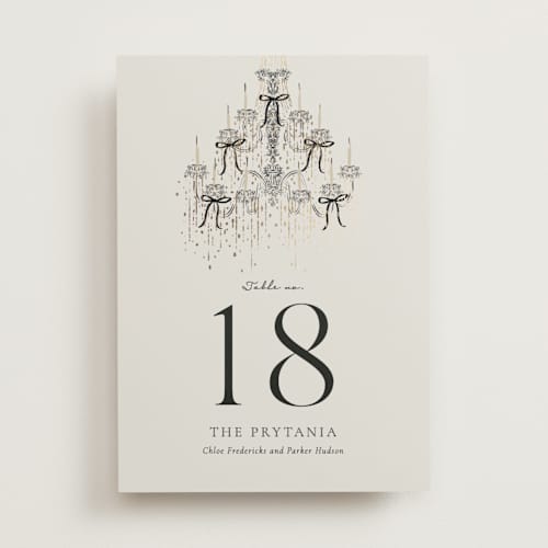 This is a noir table numbers with foil pressed by Jackie Crawford called hand illustrated whimsical chandelier printing on doublethick in standard