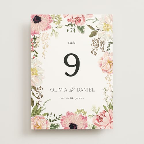 This is a peony table numbers with foil pressed by Susan Moyal called timeless blooms printing on doublethick in standard