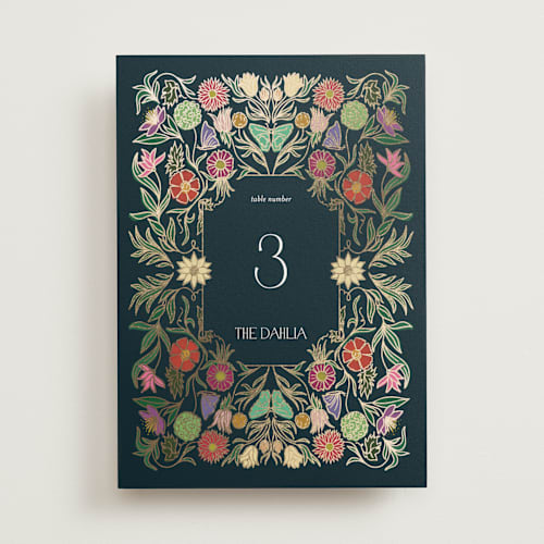 This is a midnight garden table numbers with foil pressed by Simona Camp called gilded tapestry printing on doublethick in standard