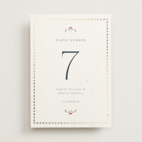 This is a scarlet table numbers with foil pressed by Sabrin Deirani called islamic arch printing on doublethick in standard