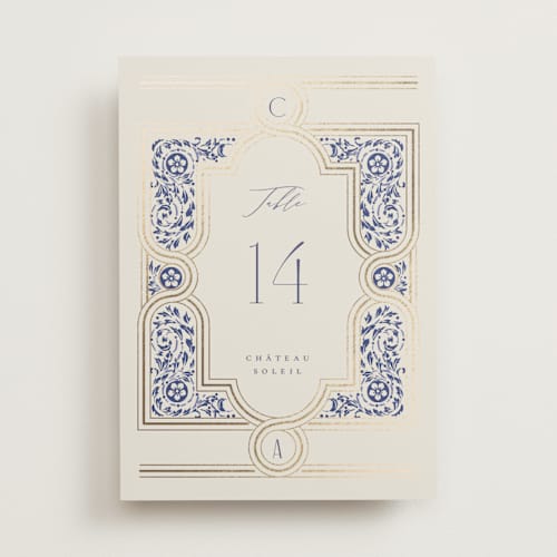 This is a dynasty blue table numbers with foil pressed by Ana de Sousa called tiled romance printing on doublethick in standard