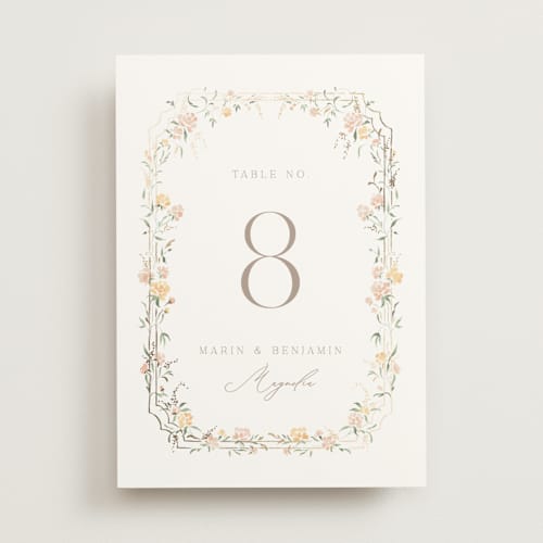 This is a golden summer table numbers with foil pressed by Erin L. Wilson called victorian trellis printing on doublethick in standard
