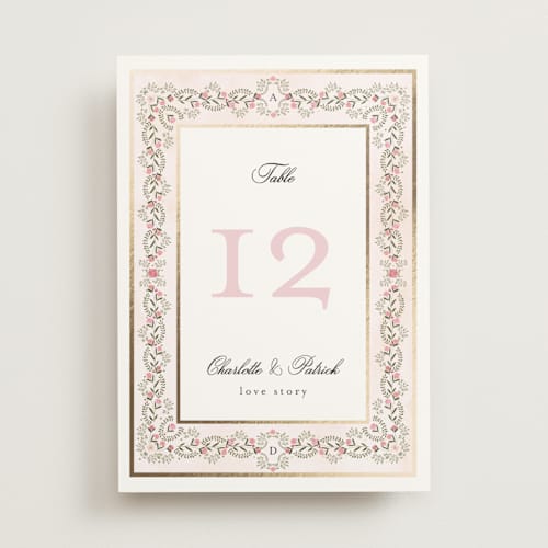 This is a peony table numbers with foil pressed by Susan Moyal called embrace printing on doublethick in standard