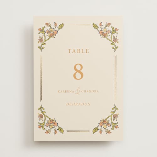 This is a ochre table numbers with foil pressed by Hannah Bowman called marigold printing on doublethick in standard