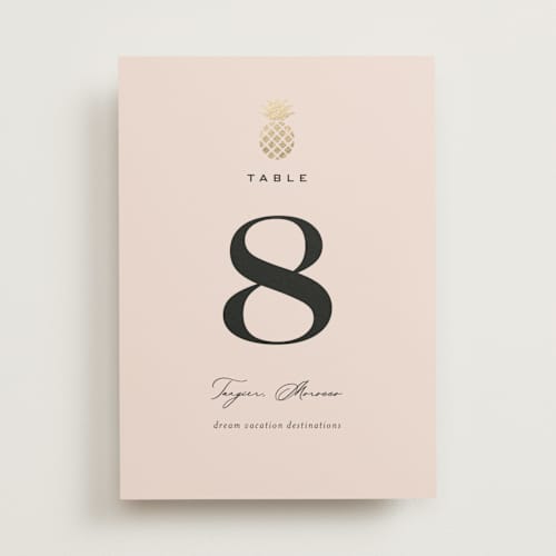 This is a blush table numbers with foil pressed by Laura Hamm called tropical getaway printing on doublethick in standard