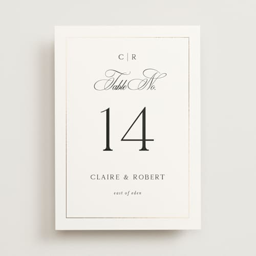 This is a silk table numbers with foil pressed by Kelly Schmidt called monogram script printing on doublethick in standard