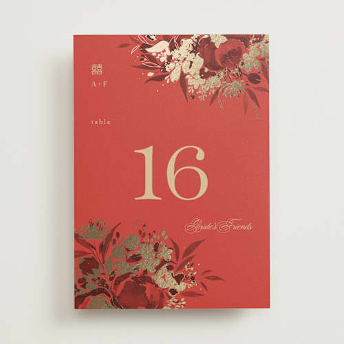 This is a cherry table numbers with foil pressed by Shannon Chen of Four Wet Feet Studio called happiness printing on doublethick in standard